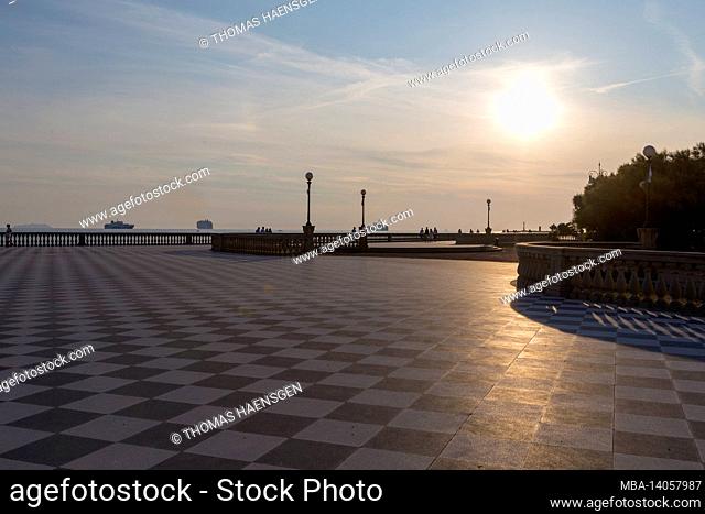terrazza mascagni in livorno, italy. it's a wide sinuous belvedere toward the sea with a paving surface of 8.700 sqm like a checkerboard and 4