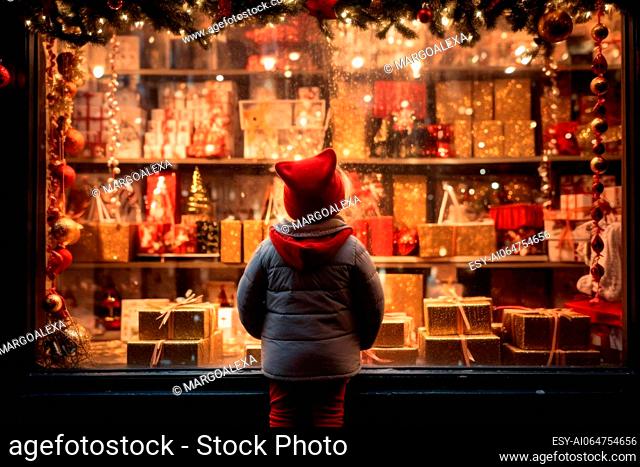 little girl looking through a display window at Christmas decorations and gifts in a store