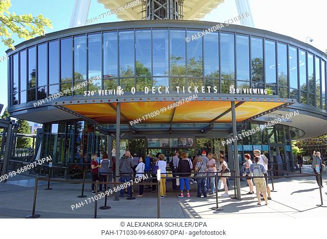 Tourists stand in line to access the viewing tower ""Space Needle"" in Seattle, i September 2017. The tower with 184 metres of height was built for the Century...