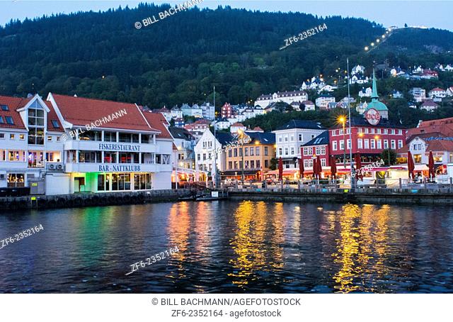Bergen Norway Bryggen night exposure old town old and harbor with pier buildings and area for tourists in BRYGGEN area scenic color