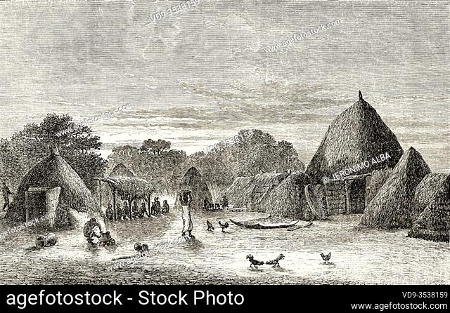 Daily life, typical huts in a village of a tribe, Central Africa. Journey across Africa, from Zanzibar to Benguela by Verney Lovett Cameron