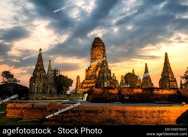 Wat Chaiwatthanaram main central Prang taken during sunset hours nearby the riverside. Taken in Ayutthaya, Thailand