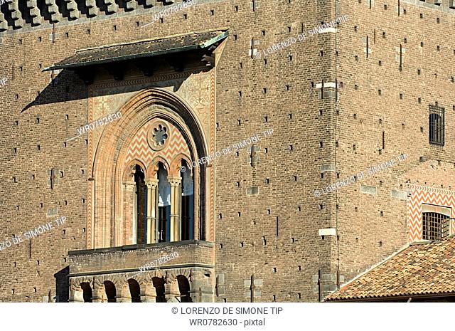 Italy, Lombardy, Milan, tower of the Sforzesco Castle detail