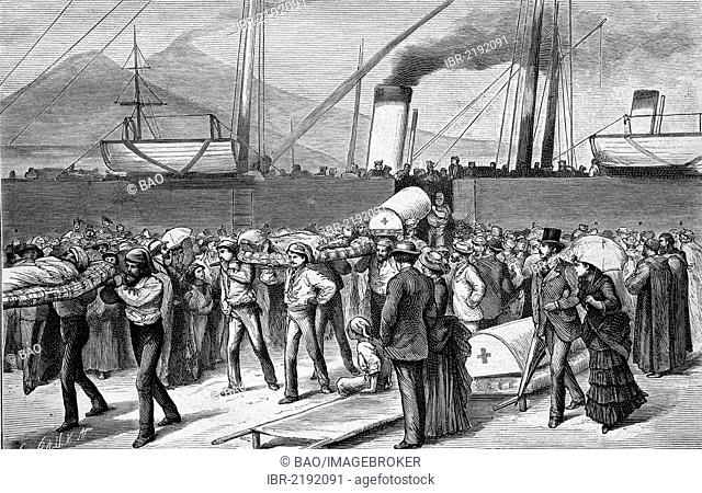 After the earthquake of Ischia, the wounded being brought to Naples in 1883, Italy, historical engraving, 1888