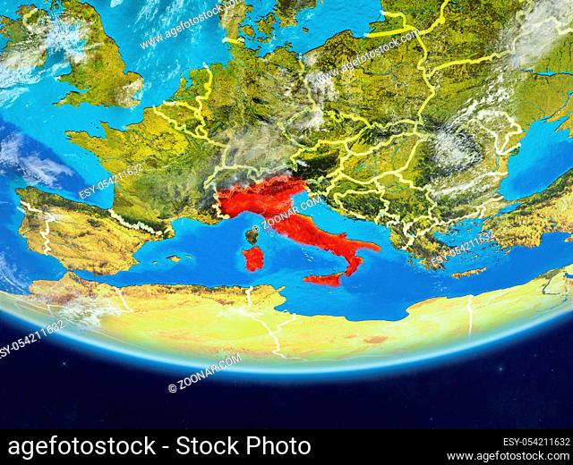 Italy on realistic model of planet Earth with country borders and very detailed planet surface and clouds. 3D illustration