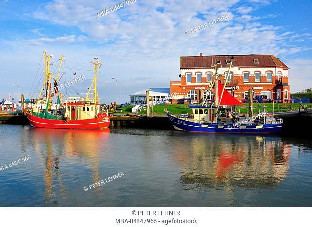 Germany, Schleswig-Holstein, North Frisia (Northern Friesland), Pellworm, inland harbour, shrimp boat