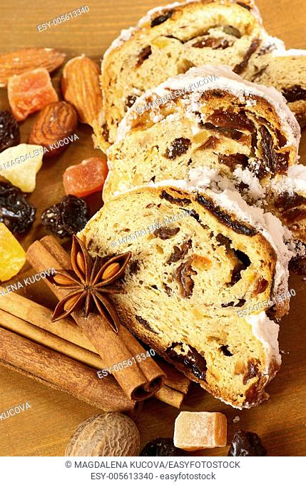 Christmas stollen, dried fruits, nuts and spices