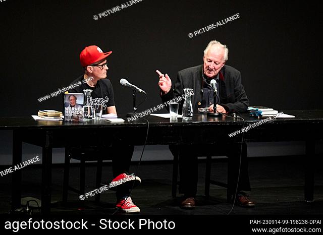 14 September 2023, Berlin: Werner Herzog (r), director, producer, actor, voice actor and writer talks with Jan Brandt, journalist and writer during the Berlin...