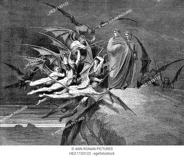 Dante and Virgil beset by demons on their passage through the eighth circle, 1861. Italian poet Dante Alighieri (1265-1321) was a great admirer of Virgil