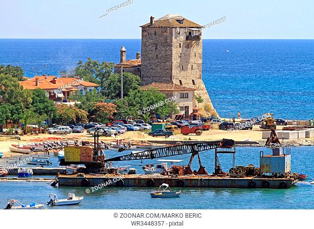 Ouranopoli, Greece - June 27, 2011: Aerial View of Ouranoupoli Tower and Crane Barge in Ouranopoli, Greece