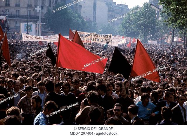 Crowds during a demonstration of May 1968 protests in France. An enormous demonstration, organised by the trade unions to protest against the government