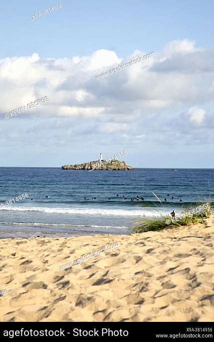 Somo Beach with Mouro Island and Lighthouse; Santander; Cantabria; Spain