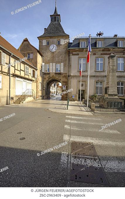 town gate and town hall of the village Rosheim, Alsace, France