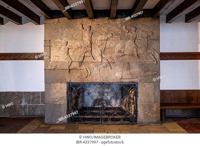 Fireplace with hunting scene relief, nazi architecture Heimatschutzstil, Ordensburg Vogelsang, 1936-1939 educational centre of the NSDAP, today Forum Vogelsang