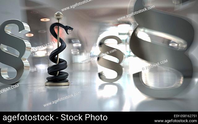 Asclepius staff between the paragraphs. 3d illustration