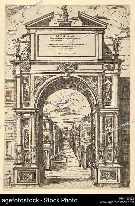 Triumphal arch surmounted by a statue representing the city of Bologna, buildings seen through the arch below, a temporary decoration for the entry of Pope...
