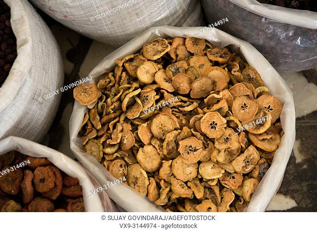 Close-up shot of a bag full of dried apples. Dried apples are mostly used in the preparation of fruit tea in Uzbekistan