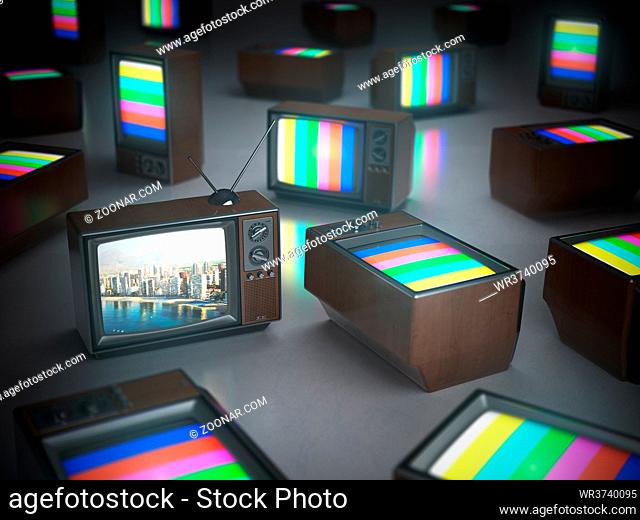 Pile of vintage TV with one in standby. TV channels concept 3d illustration