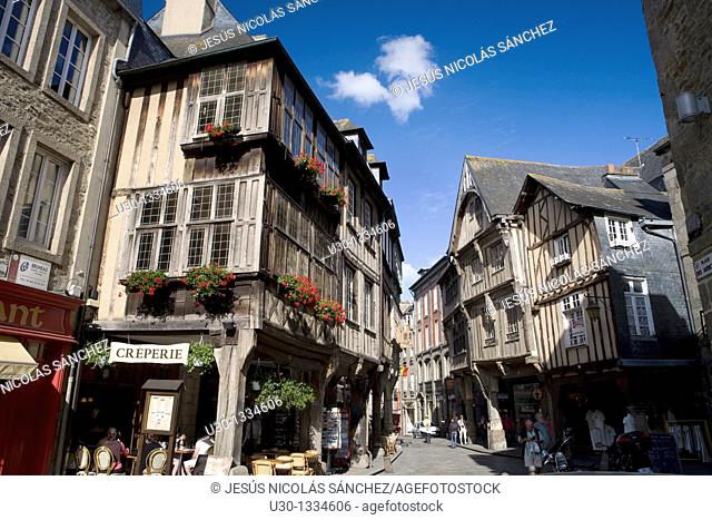 Typical houses in the old town of Dinan, in Cotes d'Armor department, Brittany  France