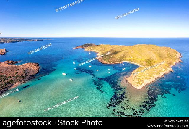 Spain, Balearic Islands, Menorca, View of Colom Island and surrounding sea in summer