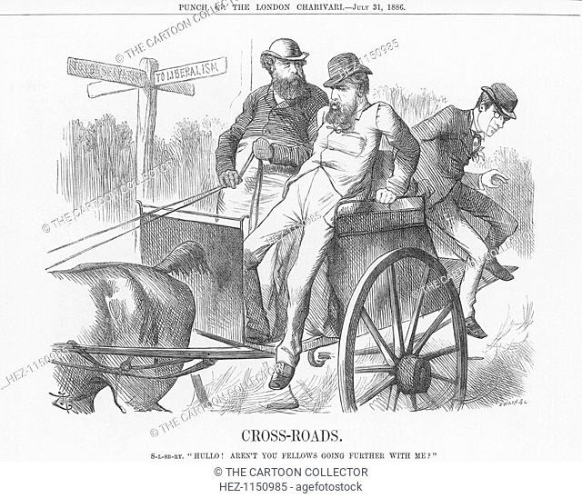'Cross-roads', 1886. The new Conservative Prime Minister, Lord Salisbury, pulls up at a crossroads. Two former Liberals, Lord Hartington, and, with the monocle
