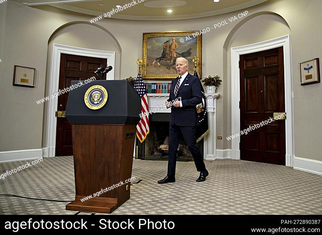 United States President Joe Biden arrives to speak in the Roosevelt Room of the White House in Washington, D.C., U.S., on Thursday, Feb. 3, 2022