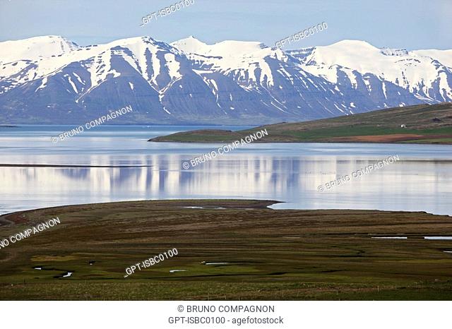 CULTIVATED LAND AT THE ENTRANCE TO THE FJORD OF AKUREYRI, CAPITAL OF THE NORTH, NORTHERN ICELAND, EUROPE, ICELAND