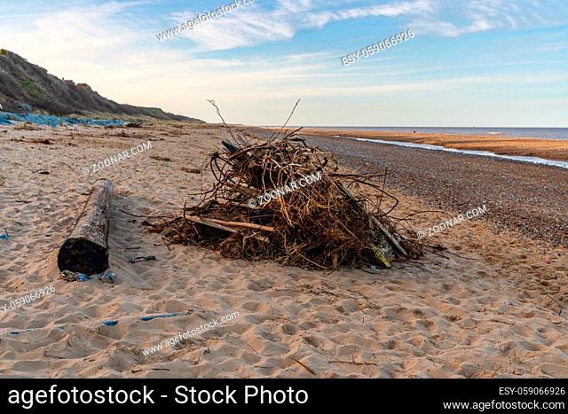 Wood on the beach of California, near Caister-on-Sea, Norfolk, England, UK