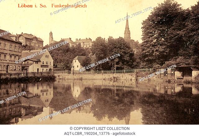 Ponds in Landkreis GÃ¶rlitz, St.-Nikolai-Kirche (LÃ¶bau), Buildings in LÃ¶bau, Water reflections in Saxony, 1912, Landkreis GÃ¶rlitz, LÃ¶bau, Funkenburgteich