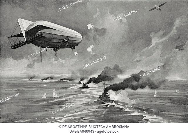 A Zeppelin following the British ships and hydroplanes that carried out the raid in Cuxhaven, December 25, 1914, Germany, World War I