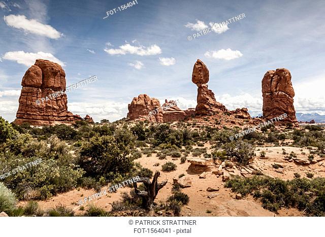 Scenic view of rock formations in landscape, Arches National Park, Moab, Utah, USA