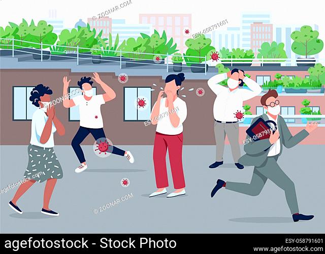 Social panic flat color vector illustration. Contagious woman 2D cartoon character with running people in surgical masks on background