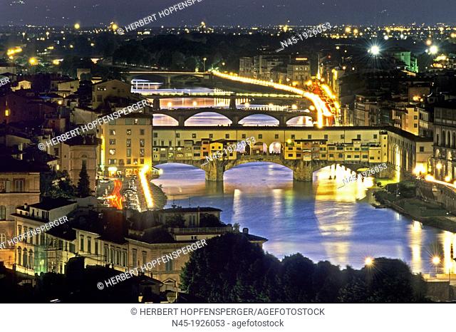 Florence; View to Bridge Ponte Vecchio; Night Lights; Tuscany; Italy