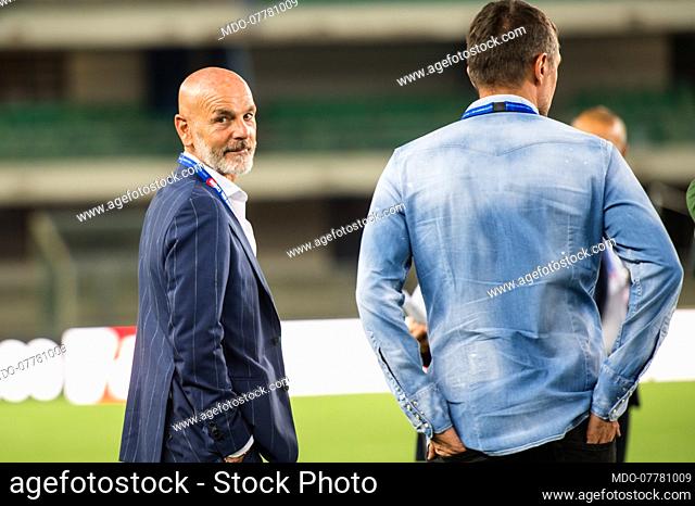 Rossoneri manager Paolo Maldini and the AC Milan coach Stefano Pioli at the Match of the Heart live from the Bentegodi Stadium in Verona with the challenges of...
