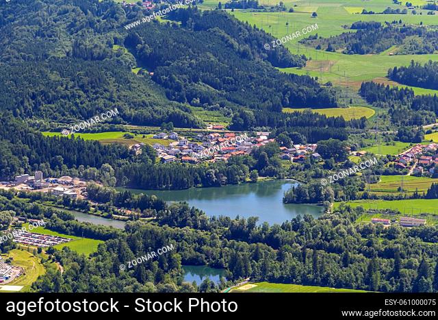 Idyllic aerial view seen from the Immenstaedter Horn around Immenstadt at the Allgaeu region in Swabia, Germany
