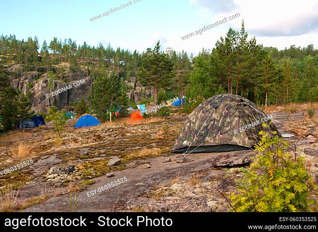a tent city on the island Putsaari. Russia Karelia Ladoga