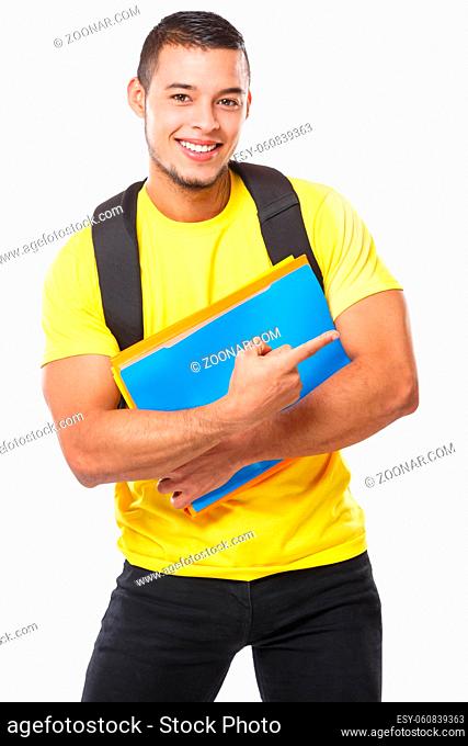 Student education showing pointing marketing ad advert young man people isolated on a white background