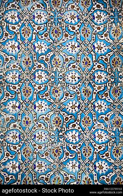 Exceptionally beautiful tile work adorns the old steam bath Hamam-e Ganjali Khan on the edge of the bazaar in the city of Kerman in Iran, taken on November 29