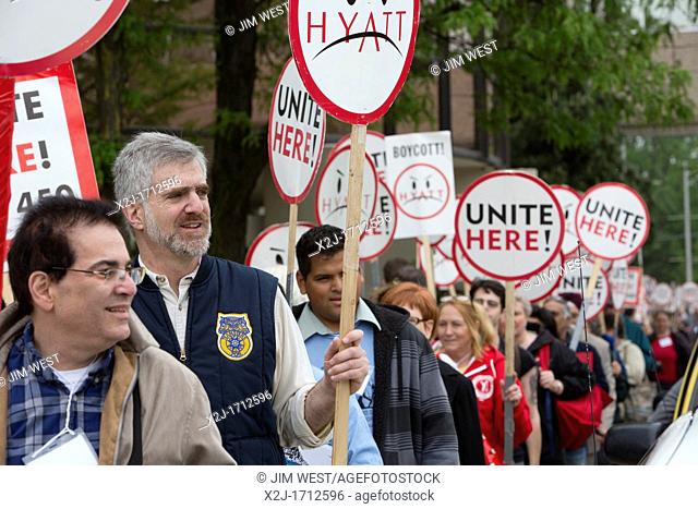 Rosemont, Illinois - A picket line at the Hyatt Regency O'Hare hotel supports Hyatt workers nationwide who are seeking to join the Unite Here hotel workers...
