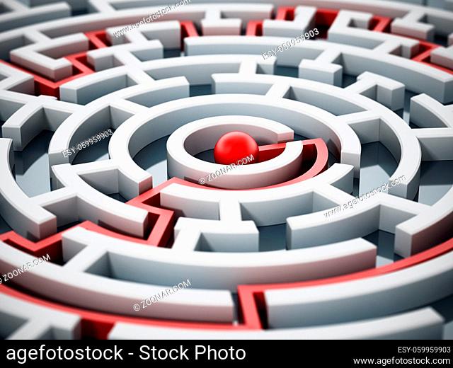 Red line leading to the center of the round maze. 3D illustration