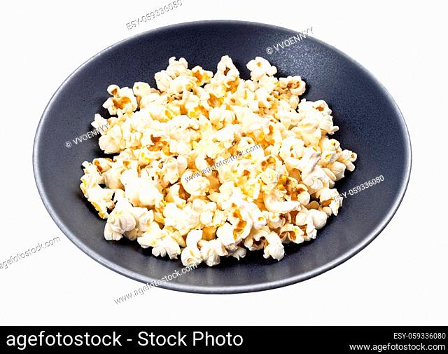 popped corn in gray bowl isolated on white background