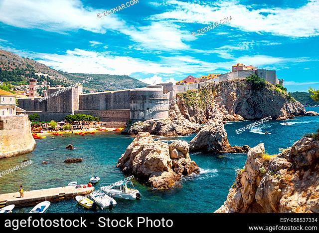 Dubrovnik medieval city walls and Adriatic sea in Croatia