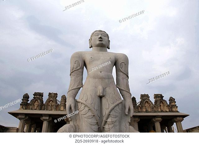 A gigiantic monolithic statue of Bahubali, also known as Gomateshwara, Vindhyagiri Hill, Shravanbelgola, Karnataka, India