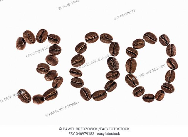 Number 300 from Coffee beans. Isolated on a white background