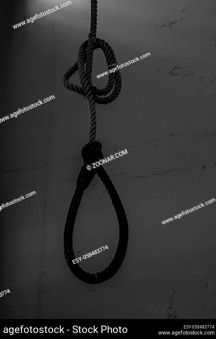 A black and white picture of an execution / hanging rope on display at the Crumlin Road Gaol (Belfast)