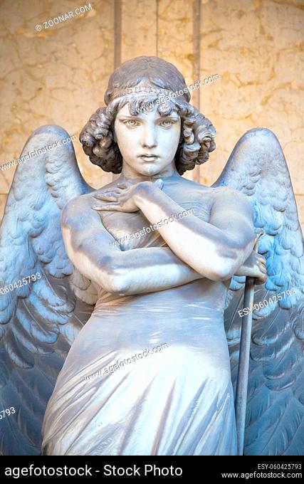 GENOA, ITALY - CIRCA AUGUST 2020: Angel sculpture by Giulio Monteverde for the Oneto family monument in Staglieno Cemetery, Genoa - Italy (1882)