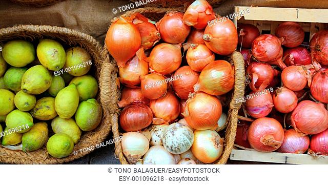 fruits and vegetables market shop onion and lemon basket traditional