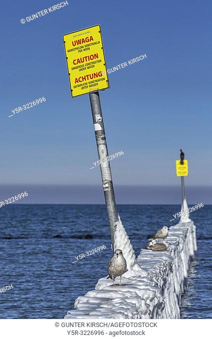 Ice covered Groynes at the beach of the Baltic Sea near Kolobrzeg. On the groynes there are warning signs in the languages Polish