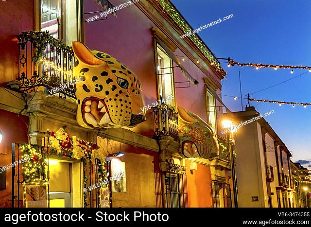 Colorful Mexican Red Yellow Street Evening Animal Heads Oaxaca Juarez Mexico