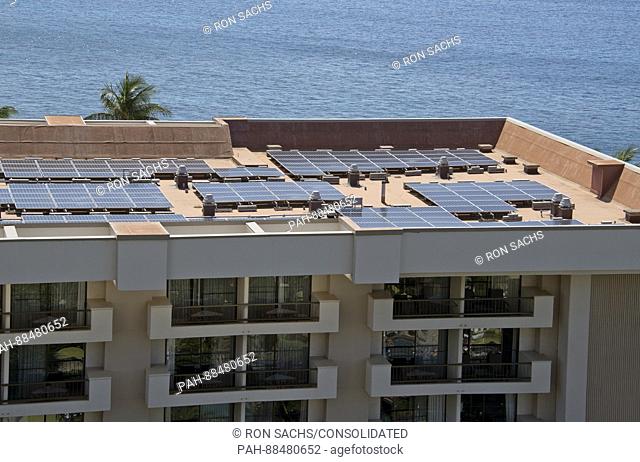 Some of the solar panels on the roof the Hyatt Regency Maui Resort and Spa on Kaanapali Beach, Maui, Hawaii, that provide more than 6% of the vacation...